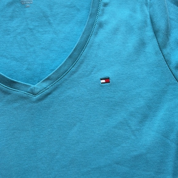 Tommy Hilfiger Blue V-Neck Tee – Size S | 100% Cotton | Bright Hues | - Picture 3 of 5